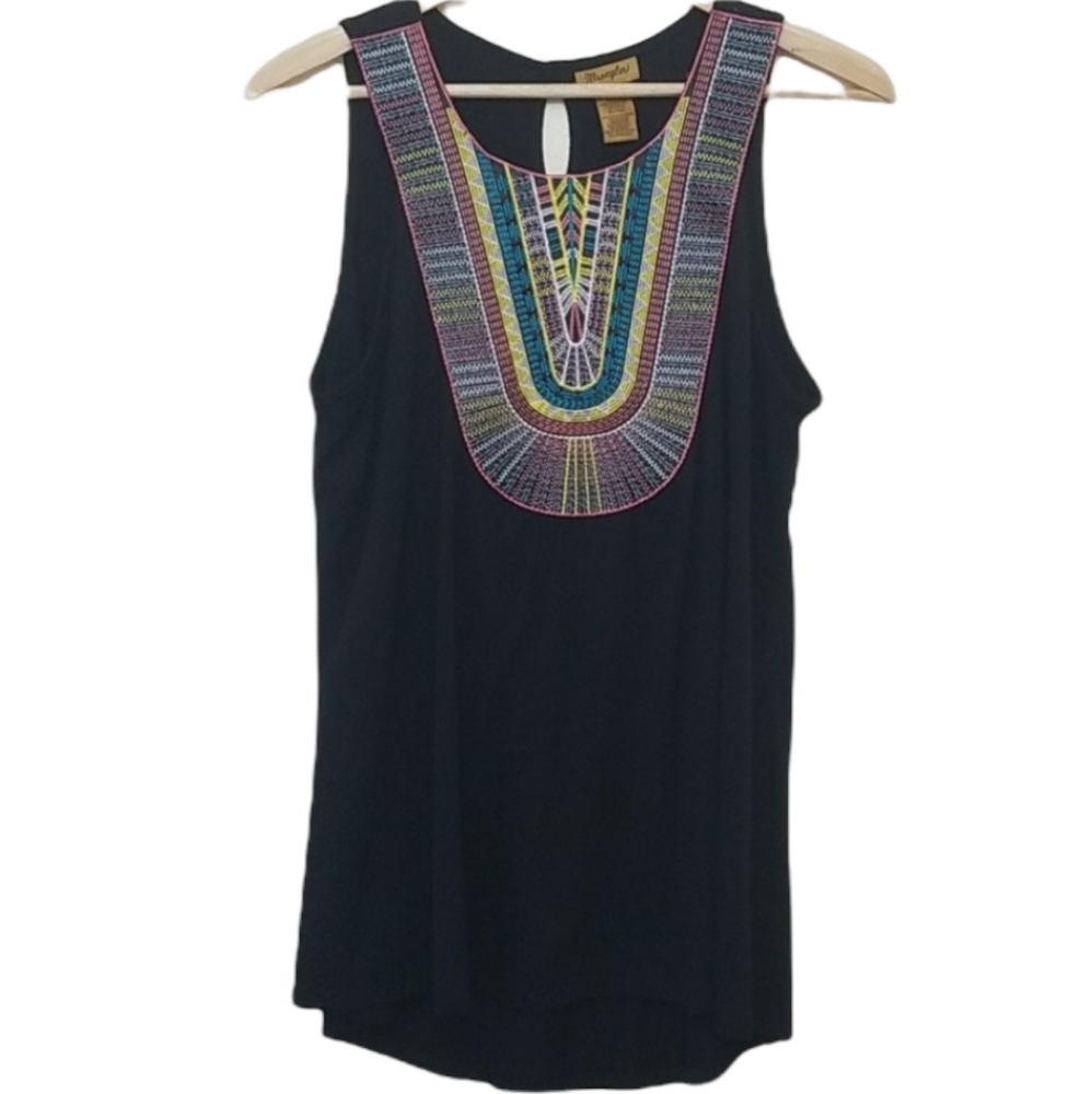 Wrangler Black Boho Western Embroidered Tank Large
